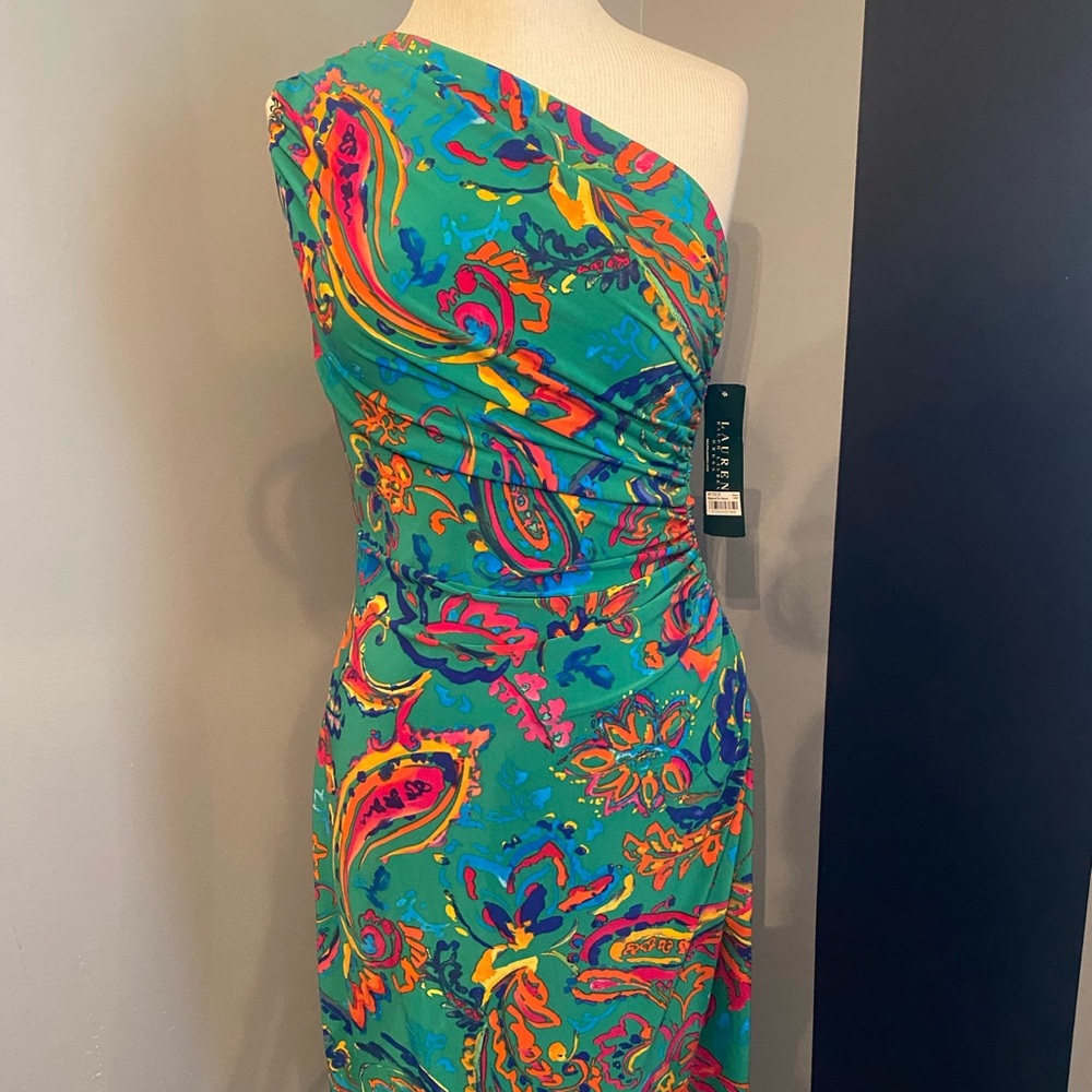 Size 8 NWT Ralph Lauren, one shoulder paisley patterned dress.